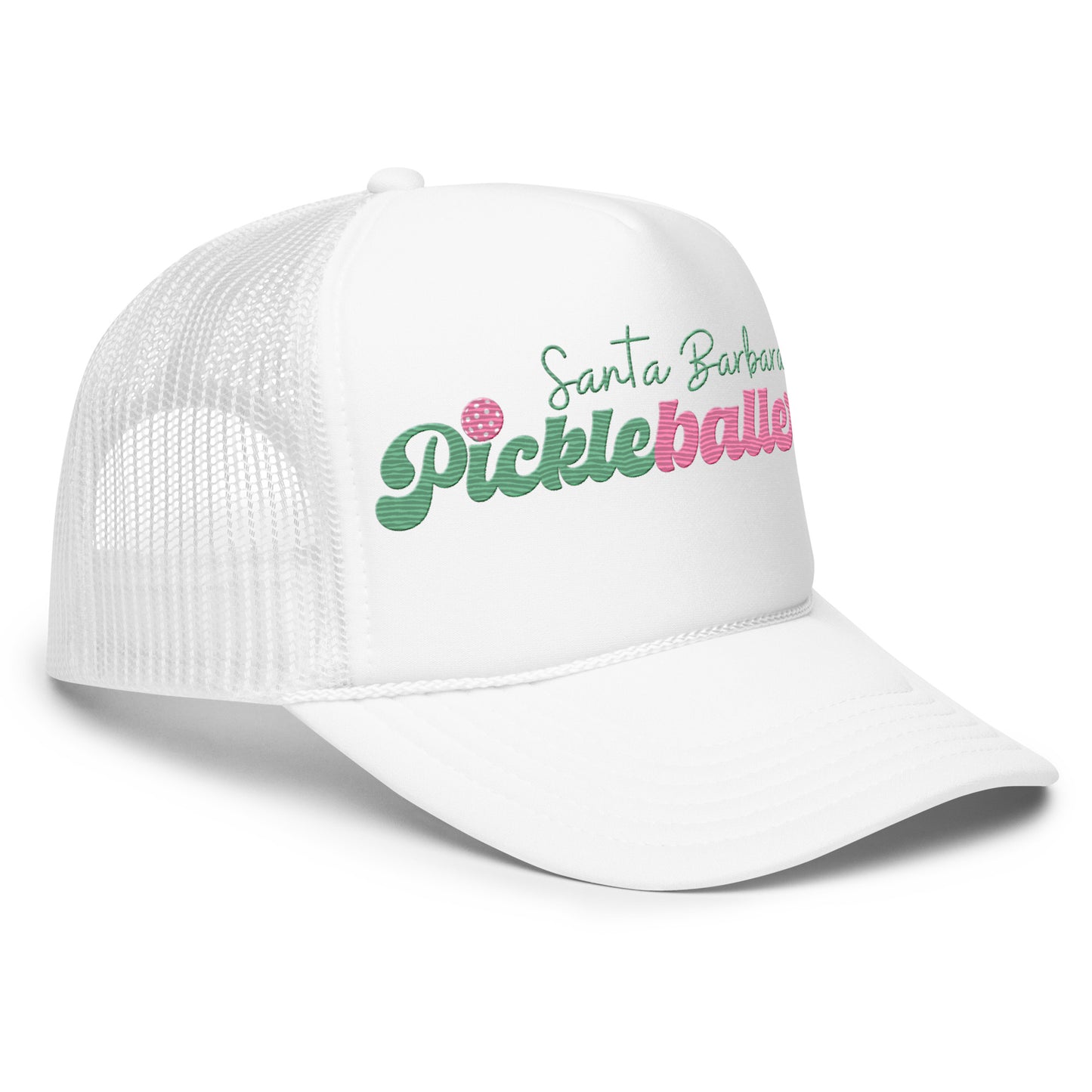 Santa Barbara Pickleballer Embroidered Foam Trucker Hat - white, pink & black