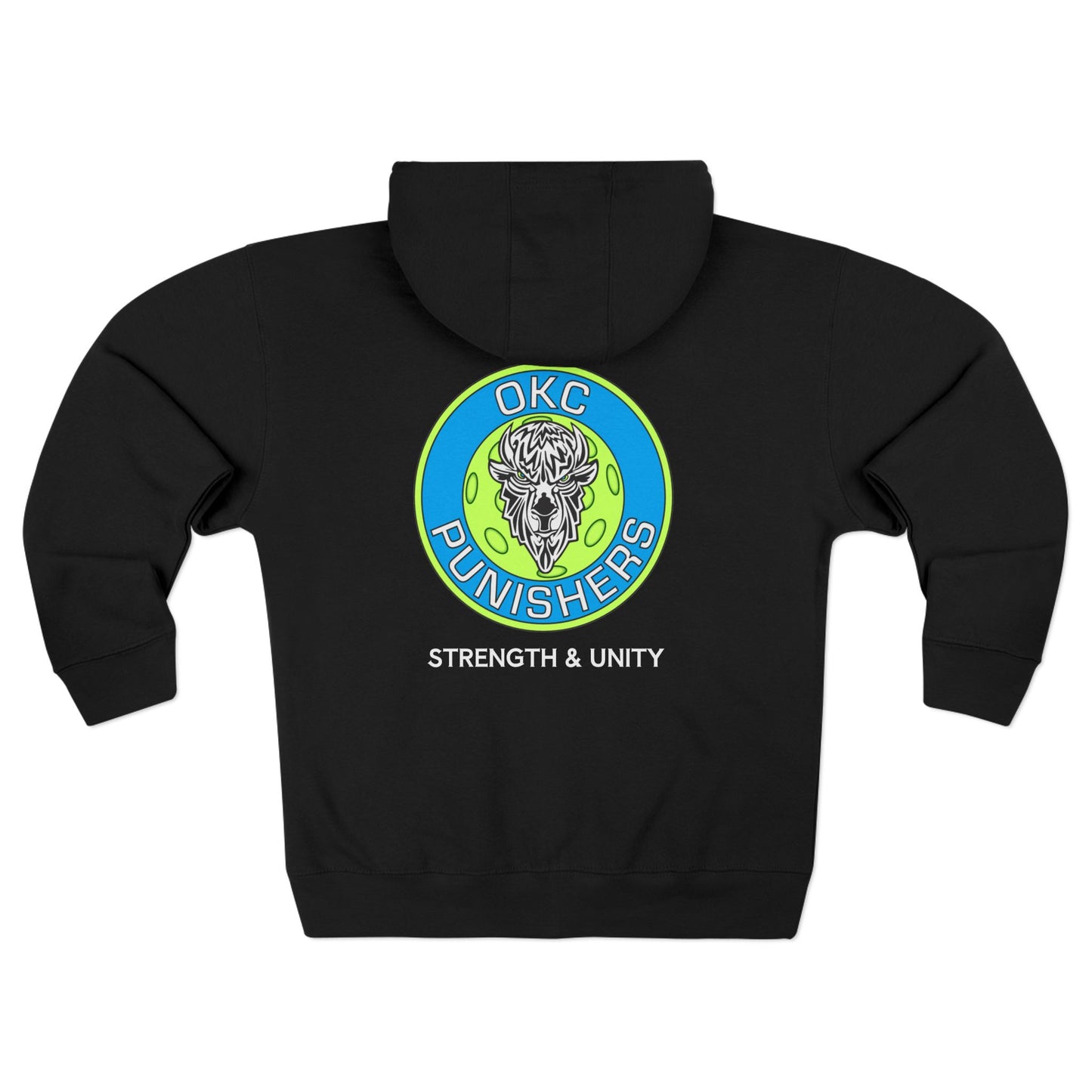 OKC personalized Unisex Zip Hoodie - OKC Punishers Strength & Unity (Black and White) Lane 7