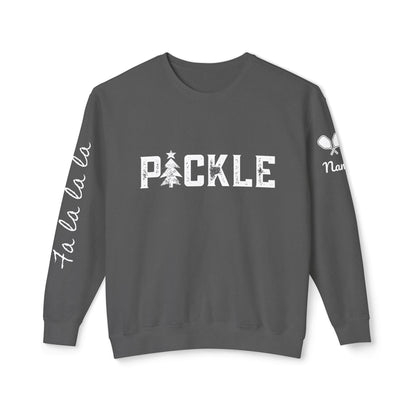 PICKLE Holiday Tree, Garment Dyed Lightweight Unisex Crew - fa la la la or your words on sleeve, can add name & paddle to sleeve