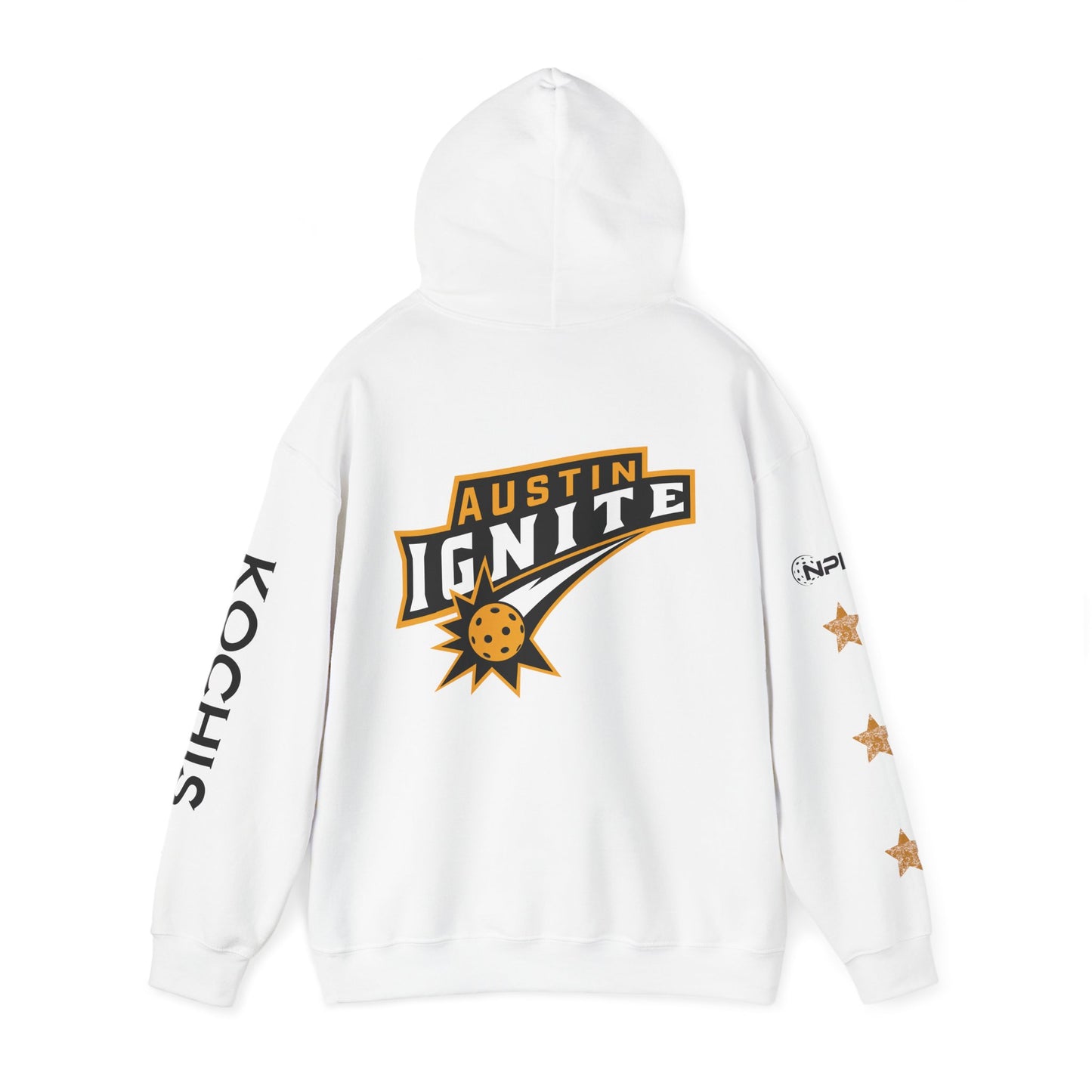 Kochis White w/ Stars -Austin Ignite NPL Team Hoodie (script sleeve = Bringin’ in heat) Customize back