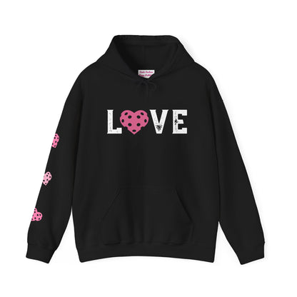 Del Webb  Pickleball LOVE Hoodie - 3 pickleball hearts sleeve - can customize sleeves & back - add in notes