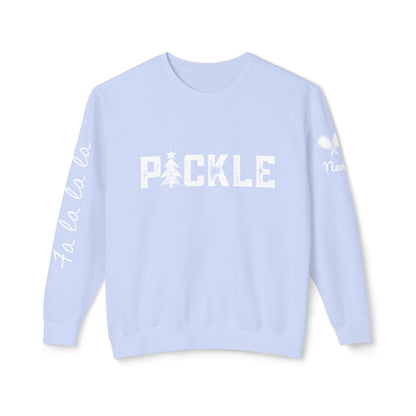 PICKLE Holiday Tree, Garment Dyed Lightweight Unisex Crew - fa la la la or your words on sleeve, can add name & paddle to sleeve