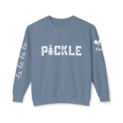 PICKLE Holiday Tree, Garment Dyed Lightweight Unisex Crew - fa la la la or your words on sleeve, can add name & paddle to sleeve
