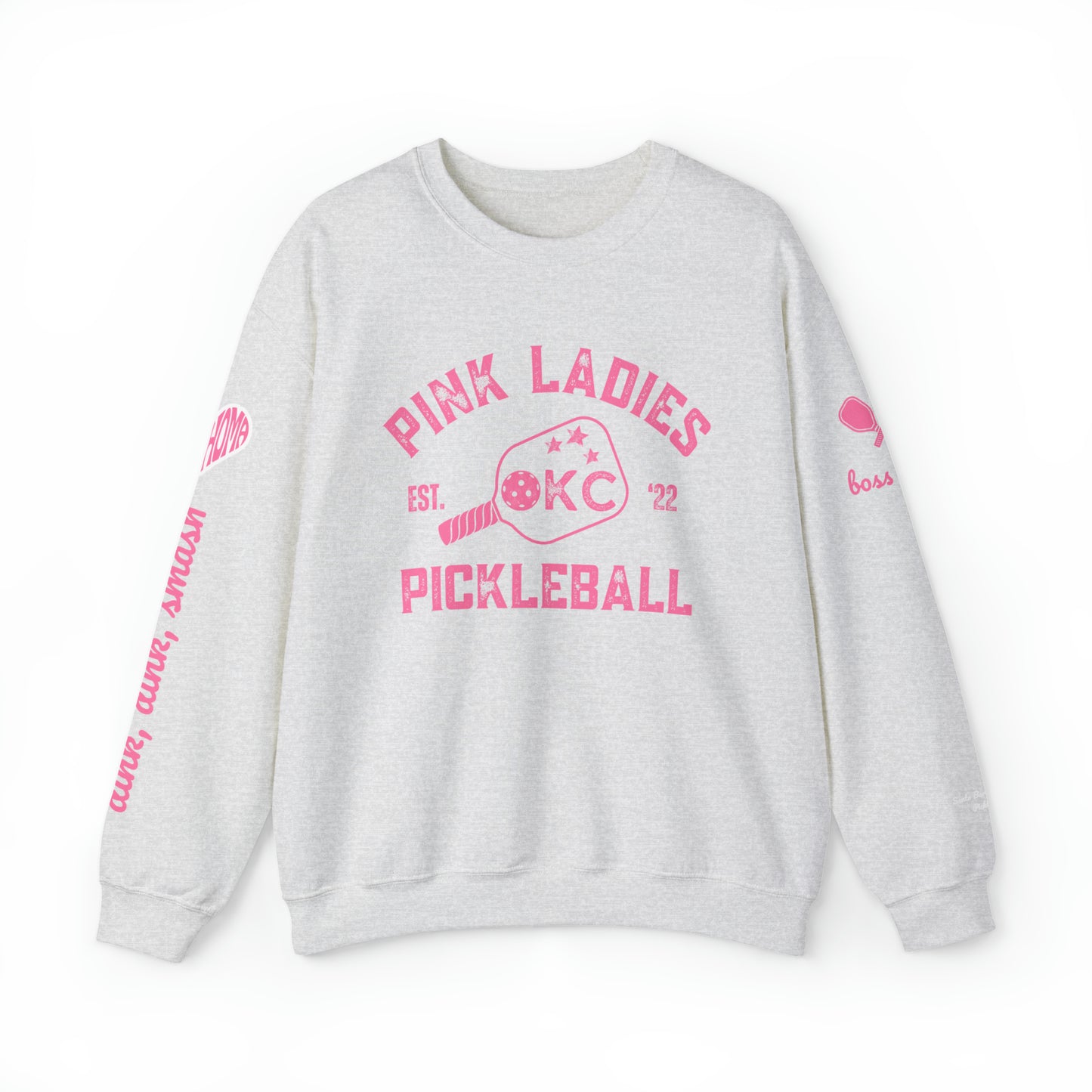 Pink Ladies OKC Pickleball Crew - Hot Pink Unisex Crewneck Sweatshirt (customize name on sleeve)