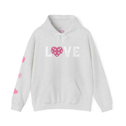 Del Webb  Pickleball LOVE Hoodie - 3 pickleball hearts sleeve - can customize sleeves & back - add in notes