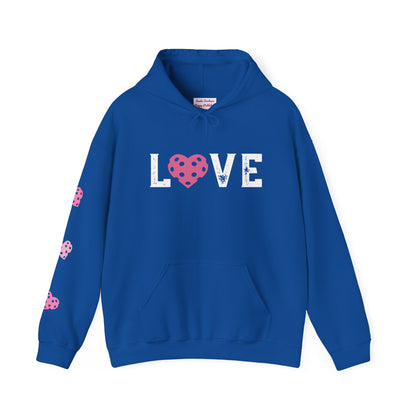 Del Webb  Pickleball LOVE Hoodie - 3 pickleball hearts sleeve - can customize sleeves & back - add in notes