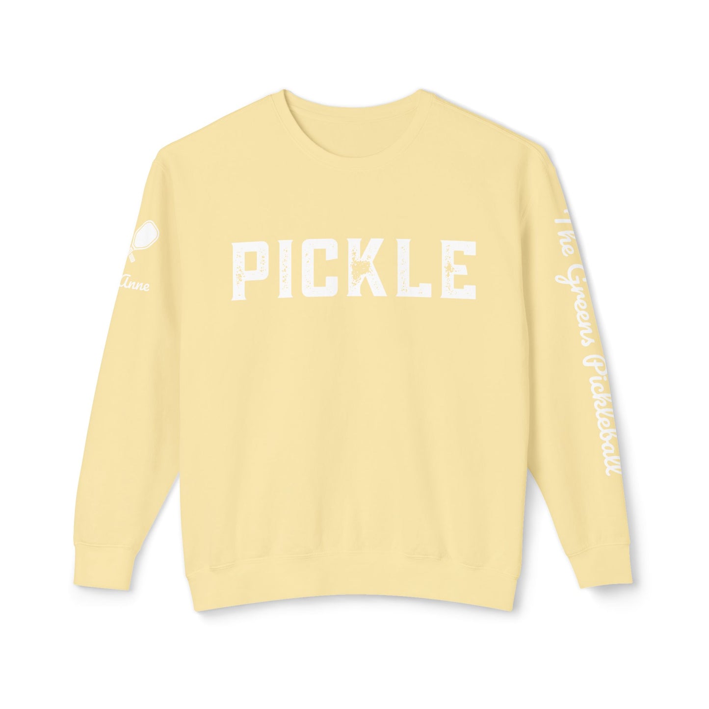 PICKLE Garment Dyed Crew (Distressed) - The Greens Pickleball on left sleeve, logo back, customize right sleeve, add name