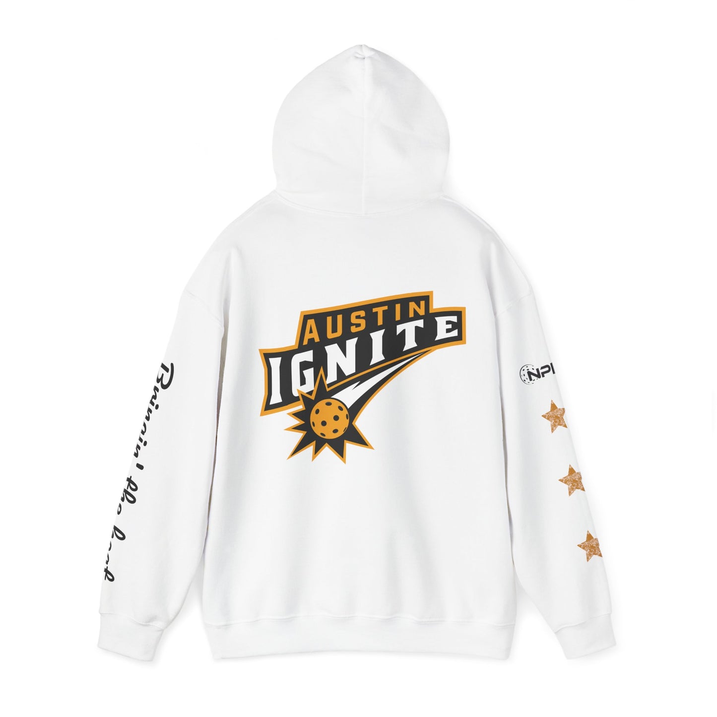 White w/ Stars -Austin Ignite NPL Team Hoodie (script sleeve = Bringin’ in heat) Customize back