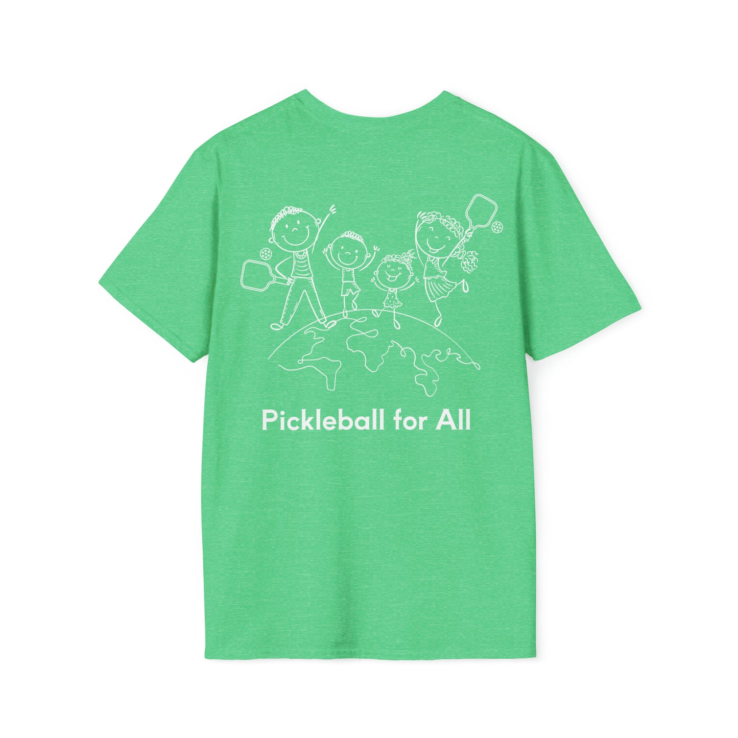 Picklemania Unisex Softstyle T-Shirt. World & kids on back of tshirt