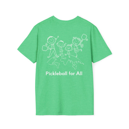 Picklemania Unisex Softstyle T-Shirt. World & kids on back of tshirt