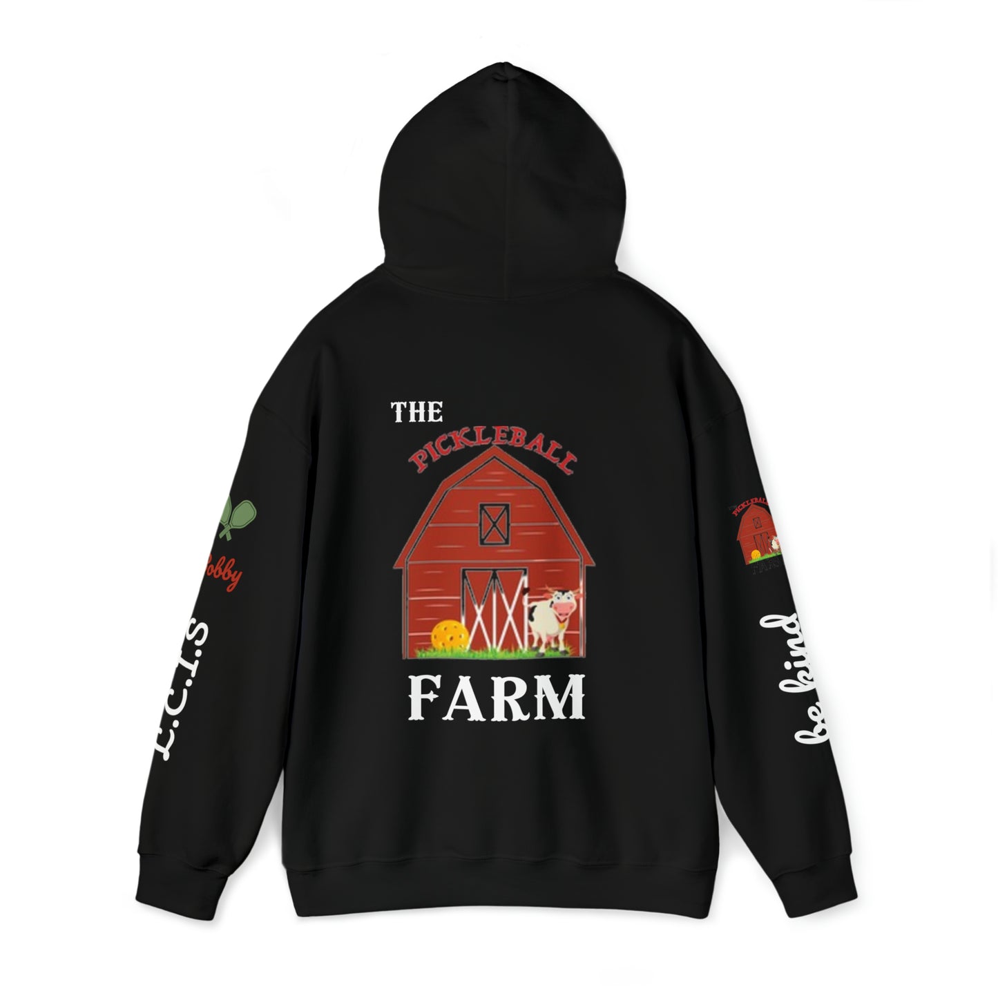 The Pickleball Farm Hoodie (Black) - The Farm front - customize sleeves