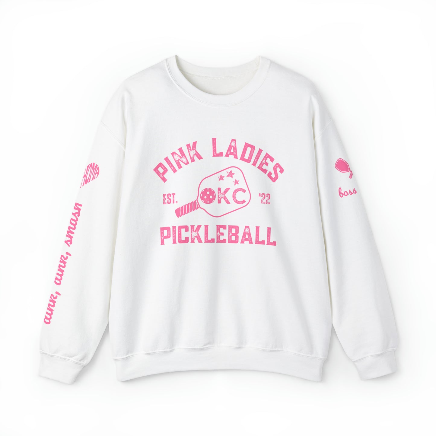 Pink Ladies OKC Pickleball Crew - Hot Pink Unisex Crewneck Sweatshirt (customize name on sleeve)