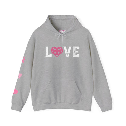 Del Webb  Pickleball LOVE Hoodie - 3 pickleball hearts sleeve - can customize sleeves & back - add in notes