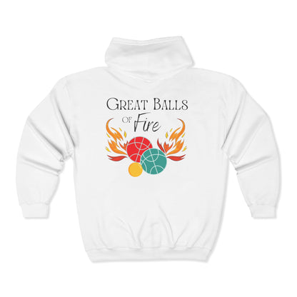 Great Balls of Fire - 2 sided logo - Zip Down Unisex  Hoodie 50/50 plush  - 1 sided logo