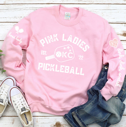 Pink Ladies OKC Pickleball Crew - Hot Pink Unisex Crewneck Sweatshirt (customize name on sleeve)