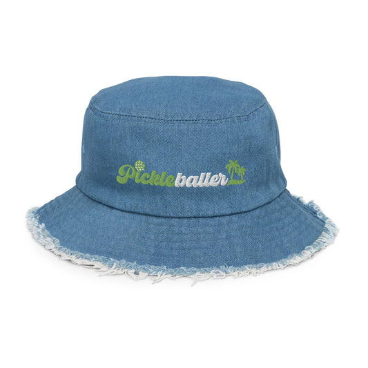 Pickleballer Distressed Denim Fringe Bucket Hat