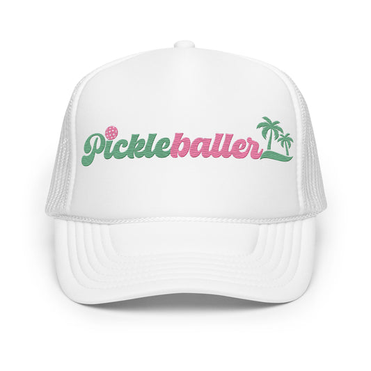 Pickleballer Embriodered Foam Trucker Hat - White, Black, Pink